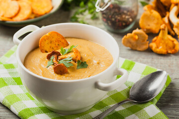 Delicious soup, cream with mushroom chanterelles.