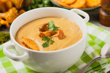 Delicious soup, cream with mushroom chanterelles.