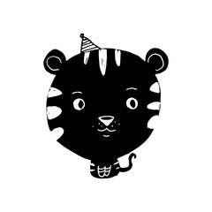 Black doodle tiger in birthday cap. Cartoon kids characters in triangular shape