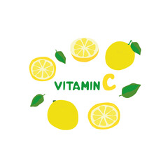 Vitamin C. Lemon in different types. Lemon juice. Prevention of colds and flu.