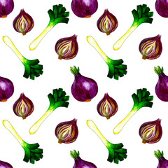Onion and leek - healthy vegetables collection. Seamless pattern with watercolor illustration on white 