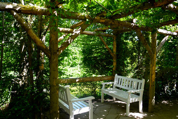 Botanischer Garten in Gütersloh, schattiger Ruheplatz, weiße Sitzbänke im Park, grüne Oase mit...