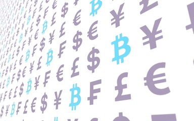 Bitcoin and currency on a white background. Digital crypto currency symbol. Business concept. Market Display. 3D illustration