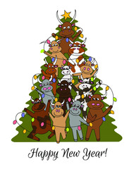 Cute little bulls sitting on Christmas tree and holding hypland. New Year 2021 of ox  - according to Chinese horoscope