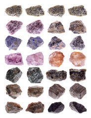 Collection of natural mineral specimens, gem stones isolated on white background