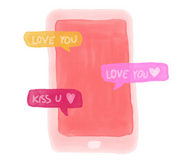 Love texting, online dating watercolor illustration. People texting love messages to each other. Watercolor hand-drawn style.