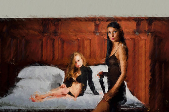 Two women in black lingeries in the bedroom.