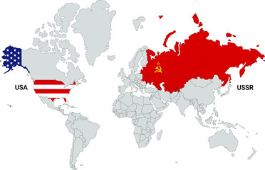 World map with USA and USSR and flags fills