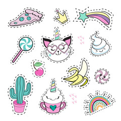Fashion patch badges with cat unicorn, banana  and girl items on a white background