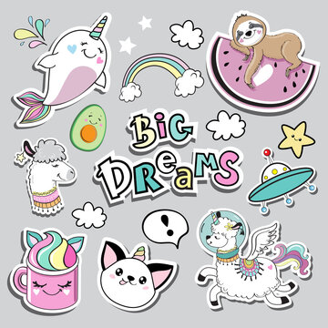 Fashion patch badges with llama, cat unicorn, whale, sloth and inscriptions big dreams in kawaii style on a grey background