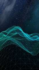Abstract landscape on a dark background. Cyberspace grid. hi tech network. Outer space. Vertical orientation. Starry outer space texture. 3D illustration