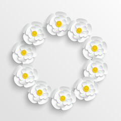 Round frame with abstract cut flowers.