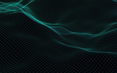 Abstract landscape background. Green cyberspace grid. hi tech network. 3D illustration