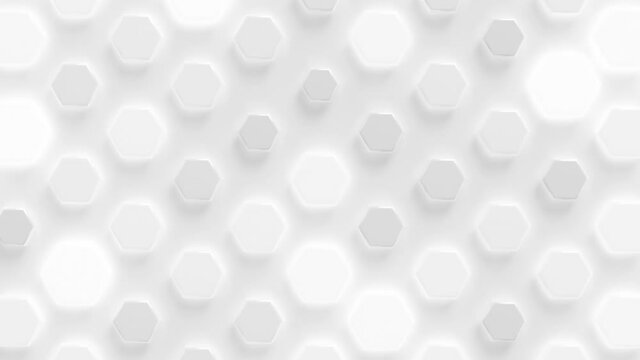 Bright Hexagon Array Loop 1 White: glossy white hexagons flashing over a white plane. Bright modern background. Many individual hexagons moving. Seamless loop. 4K
