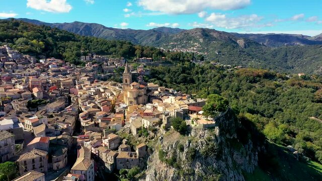 Amazing cityscape of Novara di Sicilia town. Aerial view of Novara di Sicilia, Sicily, Italy, Europe. Mountain village Novara di Sicilia, Sicily, Italy.