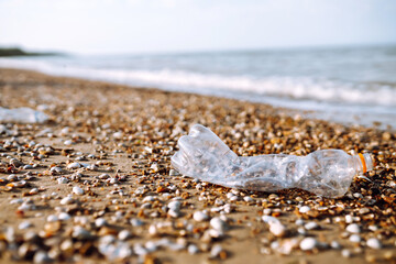Empty plastic bottle on sea beach. Seashore and water pollution concept. Environmental protection, ecological concept. Waste recycling.