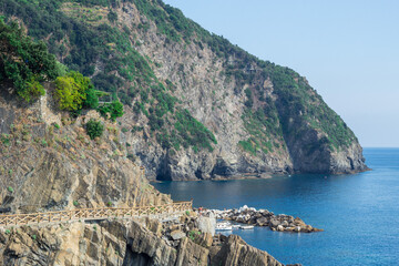 Beautiful vista of the mountains and the Ligurian Sea in the Cinque Terre region of Italy. No people