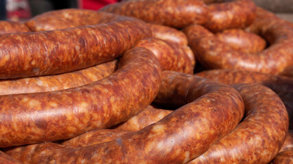 Background of smoked sausage close up
