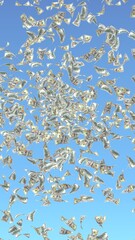 Flying dollars banknotes isolated on a blue background. Money is flying in the air. 100 US banknotes new sample. 3D illustration