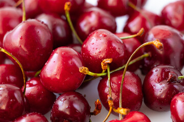A bunch of ripe cherry berries close-up. Beautiful natural background.