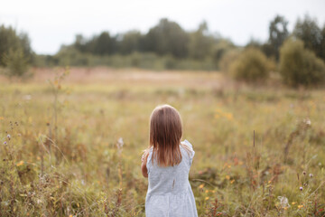 Naklejka na ściany i meble Caucasian child girl in the field, view from the back. Mood concept