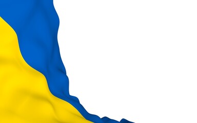 The flag of Ukraine on a white background. National flag and state ensign. Blue and yellow bicolour. 3D illustration waving flag