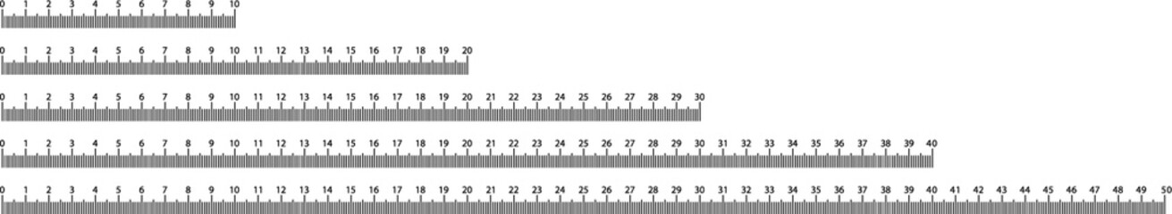 10, 20, 30, 40 and 50cm school measure ruler. metric measurement.