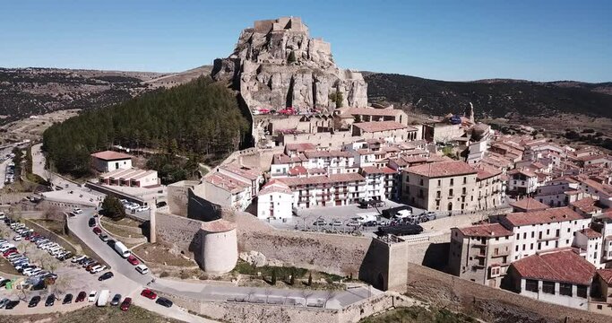 Aerial view of impregnable fortress in medieval village Morella, Spain