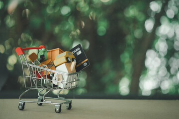 Still life of a small shopping cart with many thing for life