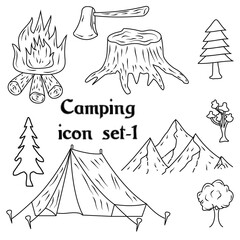 Doodle Icons Hand Made Set of hand drawn camping and travel equipment drawings. Camping Adventure hand-drawn Sketches. trekking and hiking hand drawn icon set - 1