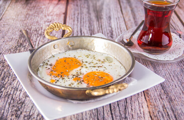 Fried eggs, fried eggs with Turkish tea