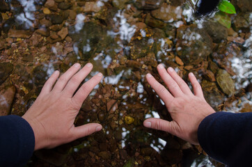 hands reach for the water, transparently clear water of the stream