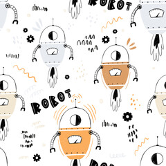 Vector hand-drawn seamless repeating color simple flat pattern with robots, bolts, lettering and doodles on a white background. Patter for kids with robots. Space. Children robo background.