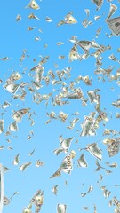 Flying dollars banknotes isolated on a blue background. Money is flying in the air. 100 US banknotes new sample. 3D illustration