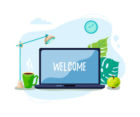 Laptop with hot drink mug, green apple, lamp. Work place concept. Place for text. Flat cartoon style vector illustration.