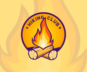 Hiking Club badge. Hiking club membership special sign with campfire, woods