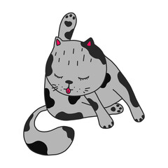 cute cat design.T-shirt with graphics for children.vector illustration in cartoon style, isolated on white background.Grey cat washes with its paw up.for icons of pet store,stickers social networks.