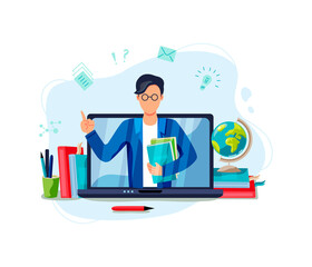 Online education, home schooling concept. Male teacher on laptop screen. Vector illustration isolated on white background. Flat cartoon style design.