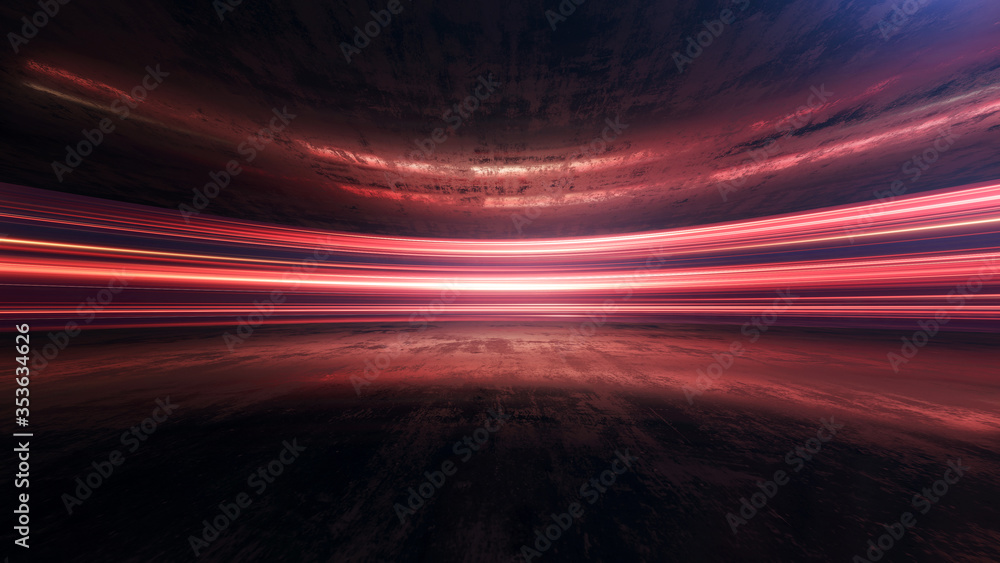 Poster light and stripes moving fast over dark background and are reflected in the road surface. technology