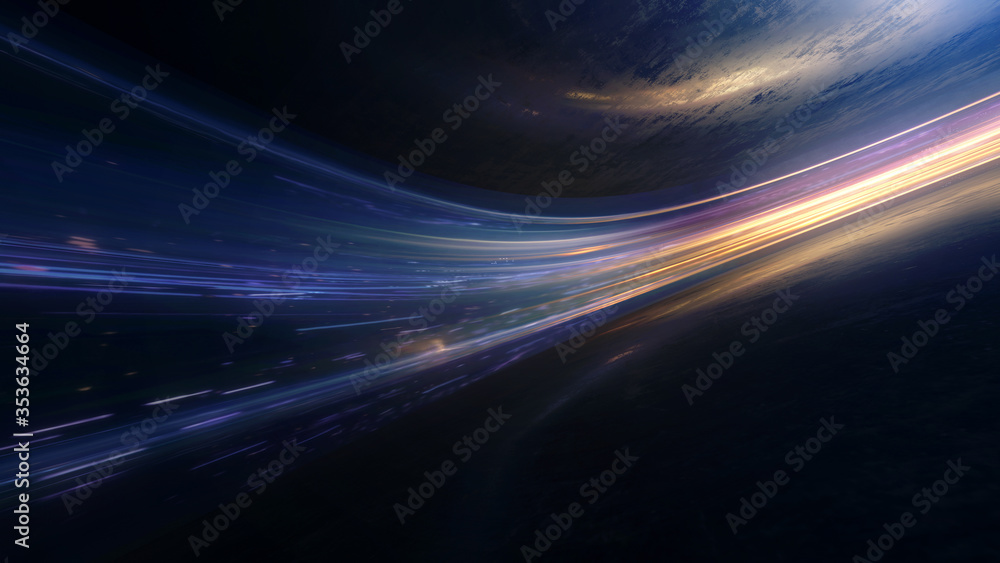 Poster light and stripes moving fast over dark background and are reflected in the road surface. technology