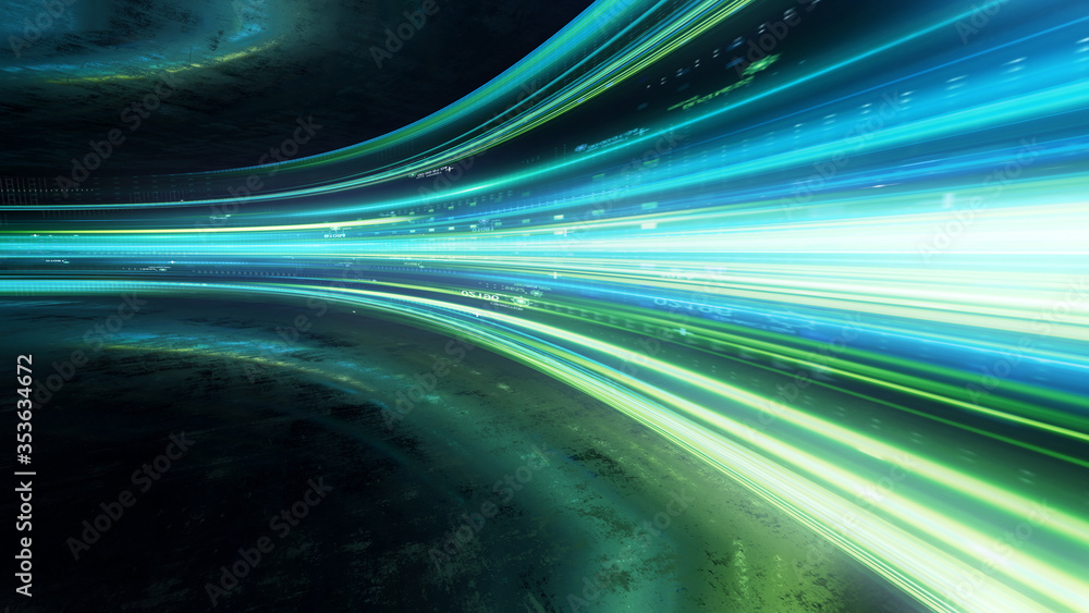Poster light and stripes moving fast over dark background and are reflected in the road surface. technology