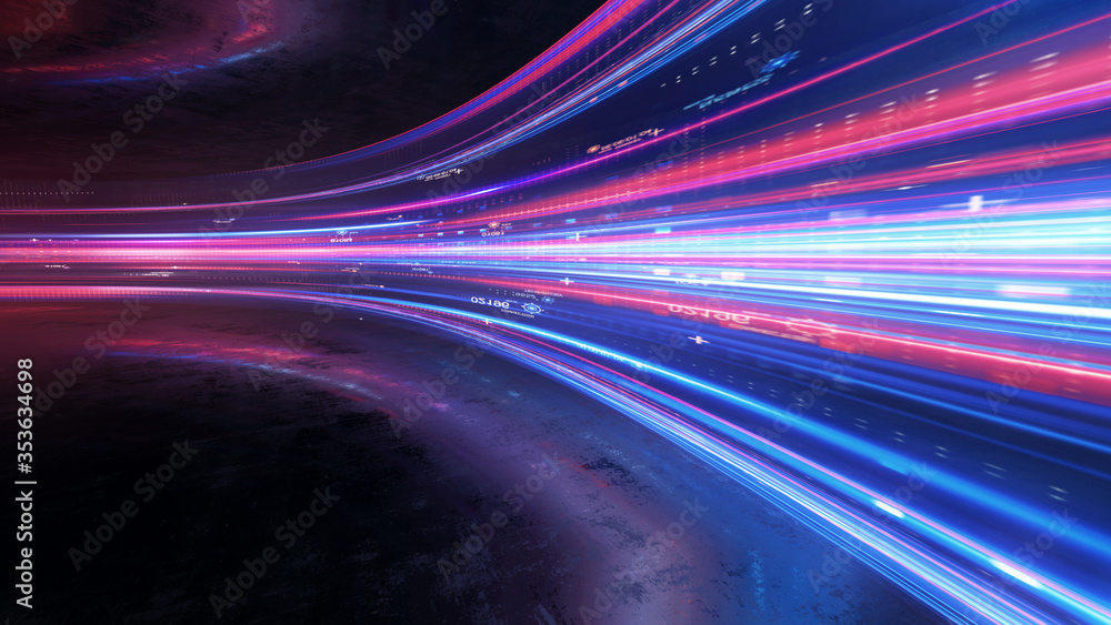 Poster light and stripes moving fast over dark background and are reflected in the road surface. technology