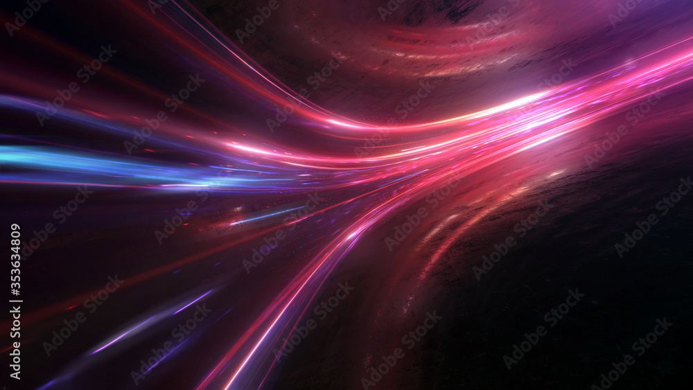 Poster light and stripes moving fast over dark background and are reflected in the road surface. technology