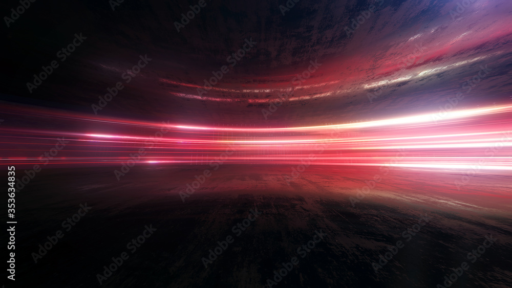Poster light and stripes moving fast over dark background and are reflected in the road surface. technology