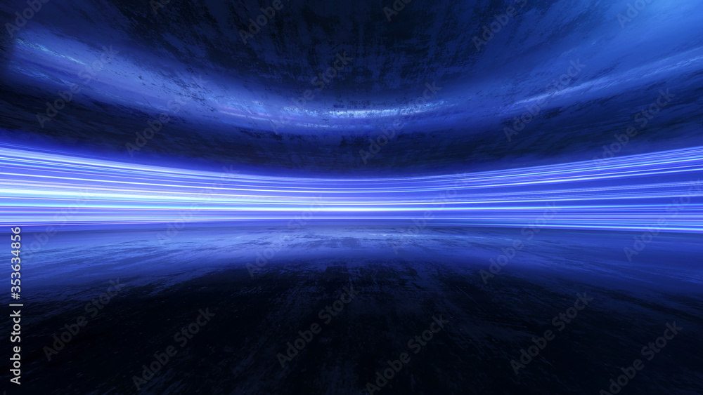 Poster light and stripes moving fast over dark background and are reflected in the road surface. technology