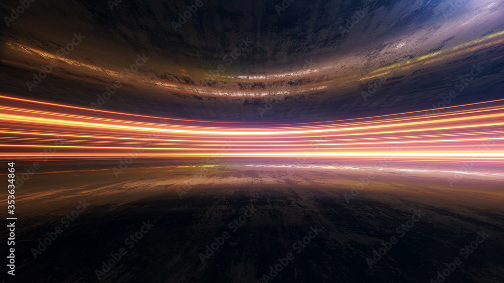 Poster light and stripes moving fast over dark background and are reflected in the road surface. technology