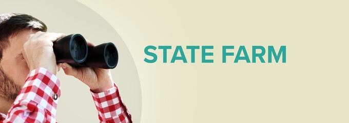 State Farm. Businessman (man) looks through binoculars. Focus on text. Background beige. Business,...