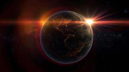 Fototapeta na wymiar Planet Earth at night. City lights over south america and north america. Sunset solar flare. Human activity over United States, Mexico, Venezuela, Colombia, Brazil, Equador, Peru. 3D rendering. 
