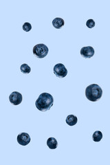 Falling blueberry, isolated on white background. Flat lay. Food concept.
