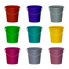 Empty buckets multicolored set isolated on white. Vector.